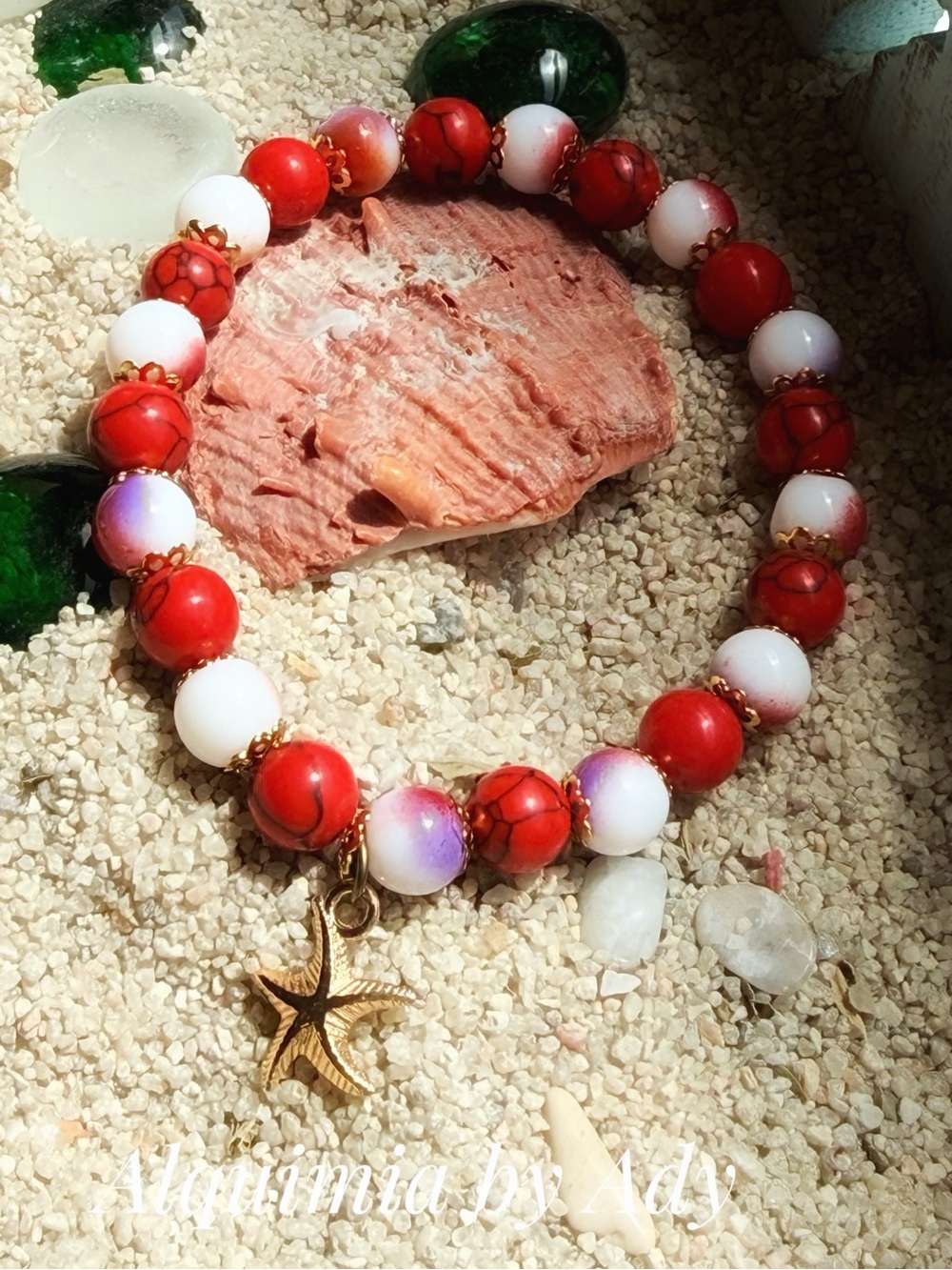 Red turquoise and multi colored jade bracelet + beaded gold star fish charm